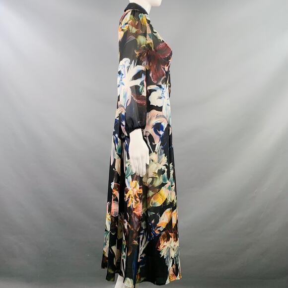 M Black Multi Color Polyester Floral 3/4 Sleeves Shirt Dress - Picture 3 of 9